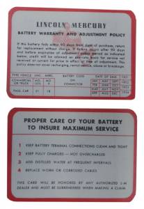 Lincoln / Mercury Battery Warranty Card