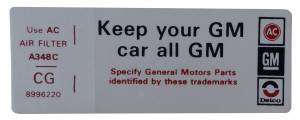 "Keep Your GM Car All GM" Air Cleaner Decal