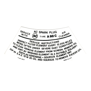 Air Cleaner Service Instructions Decal - Filter Type A98C