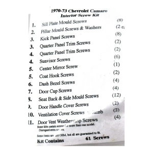 1970-73 Chevy Camaro Restoration Parts Interior Screw Kit - 61 pc. - #19-033K.