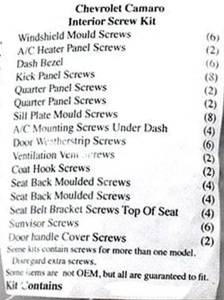 1978-81 Chevy Camaro Restoration Parts Interior Screw Kit - 66 pc. - #19-035K.