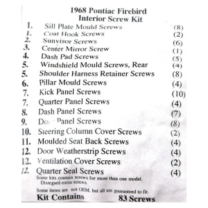 1968 Pontiac Firebird Restoration Parts Interior Screw Kit - 83 pc. - #19-036K.