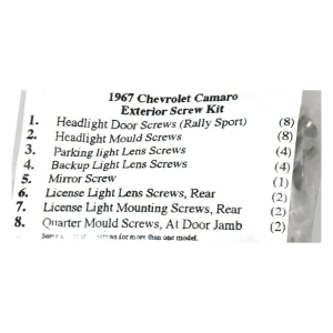1967 Chevy Camaro Restoration Parts Exterior Screw Kit - 31 pc. - #19-039K.
