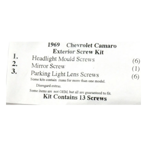 1969 Chevy Camaro Restoration Parts Exterior Screw Kit - 13 pc. - #19-043K.