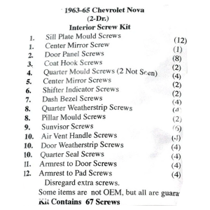 1963-65 Chevy II Restoration Parts Interior Screw Kit - 67 pc. - #19-055K.