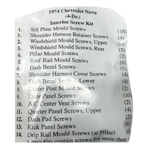 1974 Chevy Nova Restoration Parts Interior Screw Kit - 88 pc. - #19-065K.