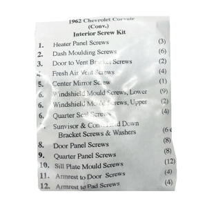 1962 Chevy Corvair Convertible Restoration Parts Interior Screw Kit - 79 pc. - #19-070K.