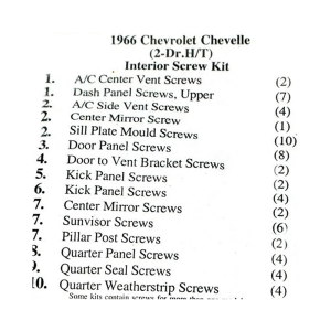 1966 Chevy Chevelle Restoration Parts Interior Screw Kit - 70 pc. - #19-075K.