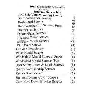 1969 Chevy Chevelle Convertible Restoration Parts Interior Screw Kit - 87 pc. - #19-083K.