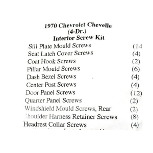 1970 Chevy Chevelle Restoration Parts Interior Screw Kit - 62 pc. - #19-088K.