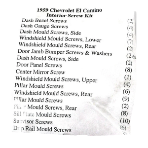 1959 Chevy El Camino Restoration Parts Interior Screw Kit - 85 pc. - #19-104K.