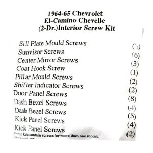 1964-65 Chevy Restoration Parts Interior Screw Kit - 53 pc. - Part #19-105K.