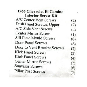 1966 Chevy El Camino Restoration Parts Interior Screw Kit -  56 pc. - Part #19-106K.