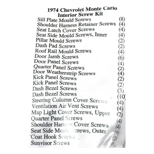 1974 Chevy Monte Carlo Restoration Parts Interior Screw Kit - 91 pc. - Part #19-115K.