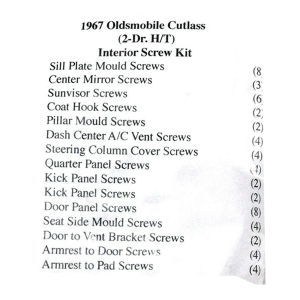 1967 Oldsmobile Cutlass Restoration Parts Interior Screw Kit - 59 pc. - Part #19-122K.