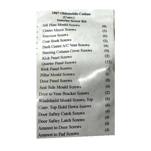 1967 Oldsmobile Cutlass Convertible Restoration Parts Interior Screw Kit - 97 pc. - Part #19-123K.