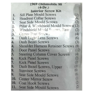 1969 Oldsmobile 98 Restoration Parts Interior Screw Kit - 93 pc. - Part #19-139K.