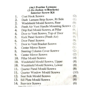 1963 Pontiac LeMans Restoration P.arts Interior Screw Kit - 119 pc. - Part #19-145K
