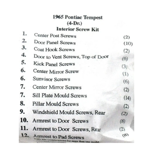 1965 Pontiac Tempest Restoration Parts Interior Screw Kit - 68 pc. - Part #19-147K.