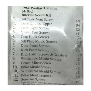 1964 Pontiac Catalina Restoration Parts Interior Screw Kit - 63 pc. - Part #19-172K.