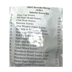 1954 Chevy Bel Air Restoration Parts Interior Screw Kit - 145 pc. - Part #19-184K.