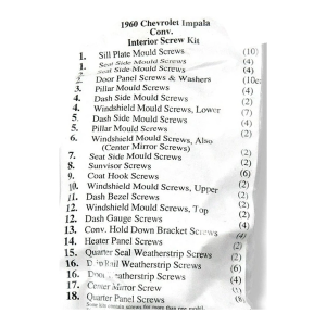 1960 Chevy Impala Restoration Parts Interior Screw Kit - 106 pc. - Part #19-202K.