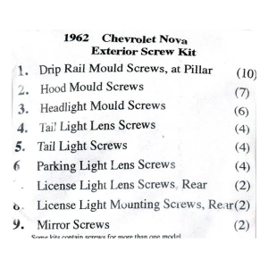 1962 Chevy II Restoration Parts Exterior Screw Kit - 41 pc. - Part #19-259K.