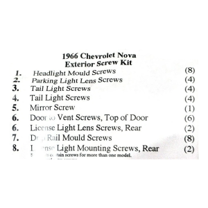 1966 Chevy II Restoration Parts Exterior Screw Kit - 39 pc. - Part #19-261K.