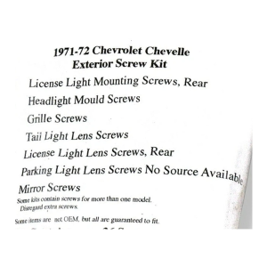 1971-72 Chevy Chevelle Restoration Parts Exterior Screw Kit - 36 pc. - Part #19-276K.