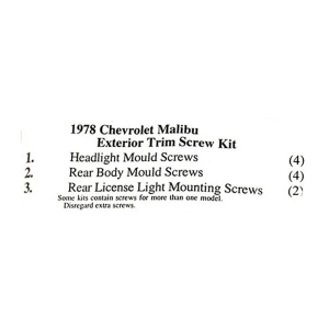 1978 Chevy Malibu Restoration Parts Exterior Screw Kit - 10 pc. - Part #19-278K.