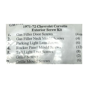 1971-72 Chevy Corvette Restoration Parts Exterior Screw Kit - 42 pc. - Part #19-282K.