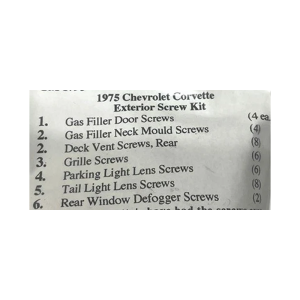 1975 Chevy Corvette Restoration Parts Exterior Screw Kit - 38 pc. - Part #19-283K.
