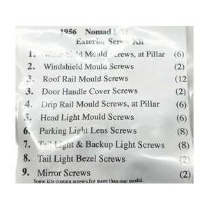 1956 Chevy Bel Air Nomad Wagon Restoration Parts Exterior Screw Kit - 54 pc. - Part #19-284K.