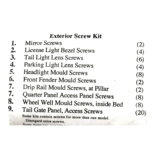 1964-65 Chevy El Camino Restoration Parts Exterior Screw Kit - 68 pc. - Part #19-285K.