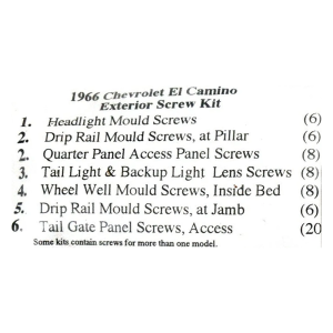 1966 Chevy El Camino Restoration Parts Exterior Screw Kit - 62 pc. - Part #19-286K.