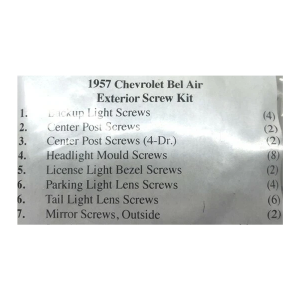 1957 Chevy Bel Air Restoration Parts Exterior Screw Kit - 30 pc. - Part #19-294K.