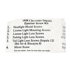 1958 Chevy Restoration Parts Exterior Screw Kit - 37 pc. - Part #19-295K.