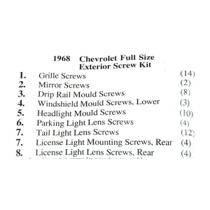 1968 Chevy Restoration Parts Exterior Screw Kit - 61 pc. - Part #19-305K.