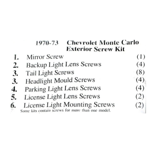 1970-73 Chevy Monte Carlo Restoration Parts Exterior Screw Kit - 25 pc. - Part #19-309K.